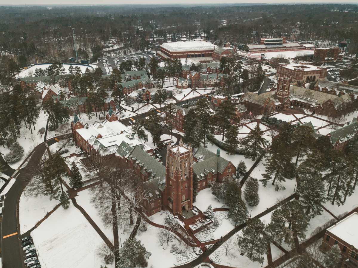 03 University of Richmond UofR - Virginia - Campus School - Lake Winter Snow - Aerial Nature Trail.JPG